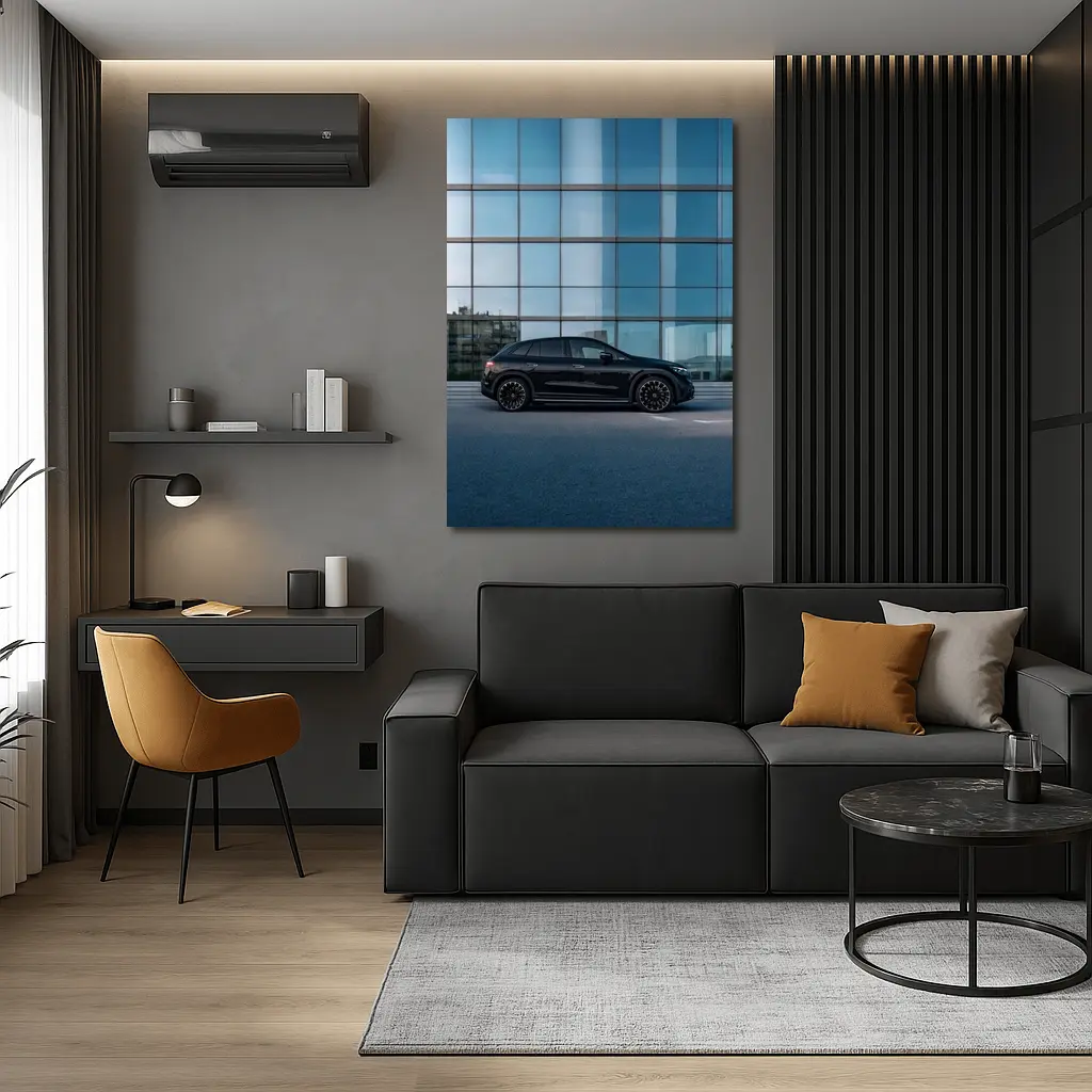 Black Mercedes EQE SUV Glass Building – Wall Art