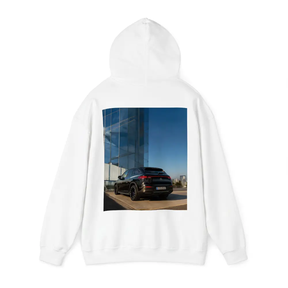 Mercedes EQE SUV Black Glass Building Background – Hoodies