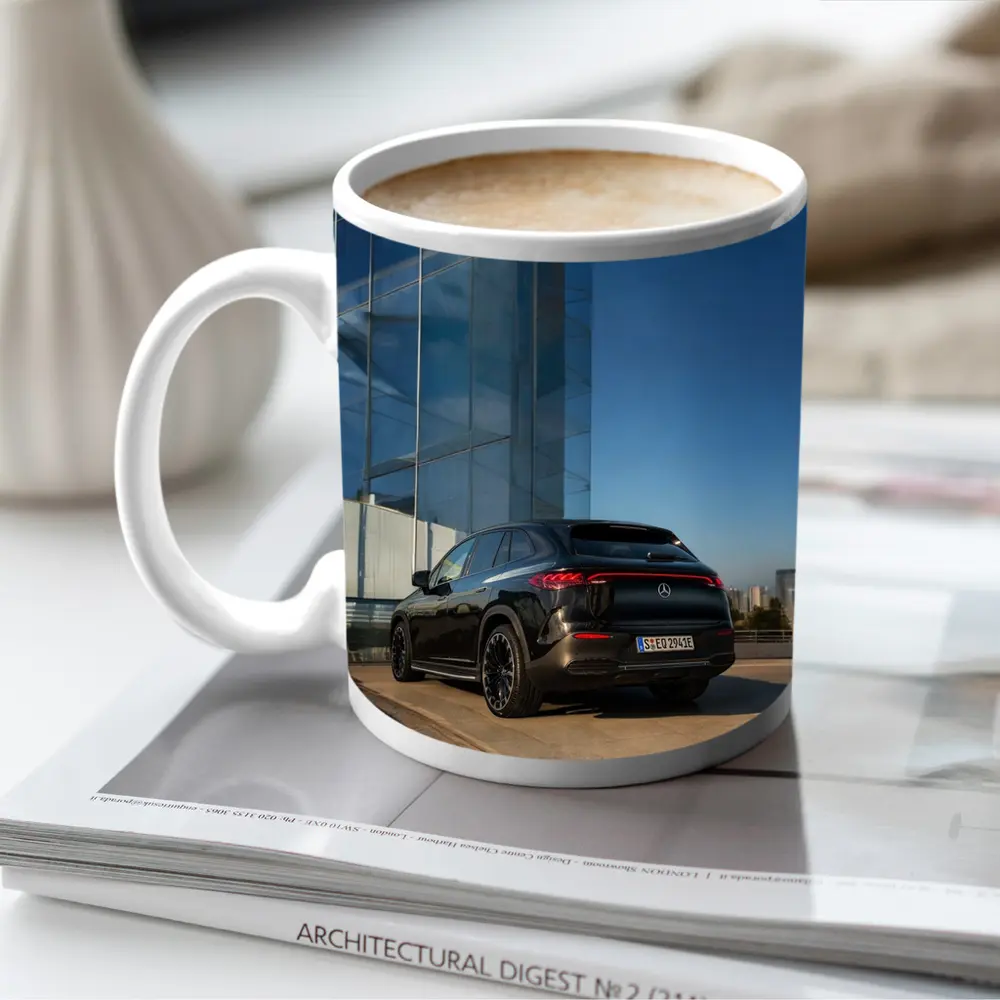 Mercedes EQE SUV Black Glass Building Background – Mugs