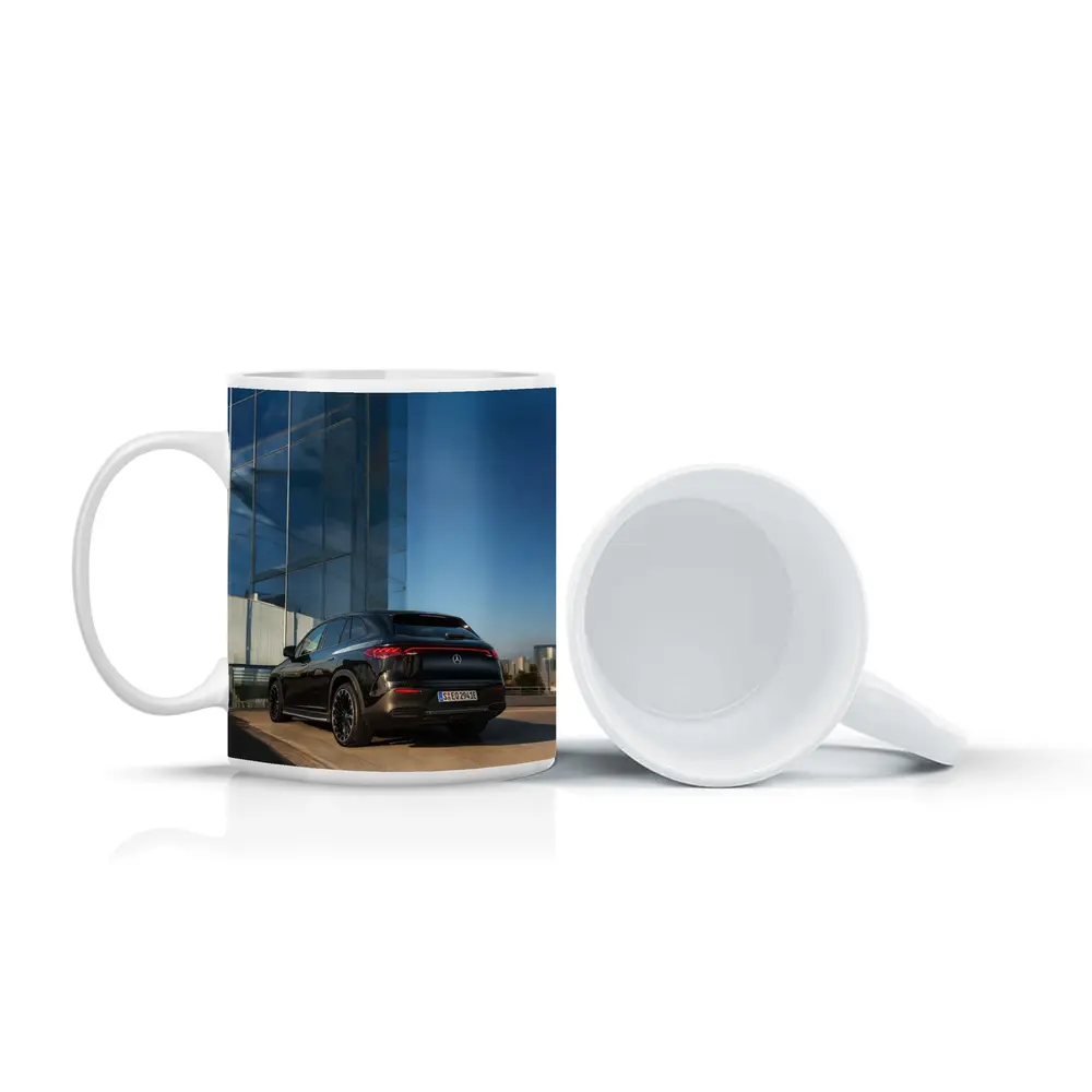 Mercedes EQE SUV Black Glass Building Background – Mugs