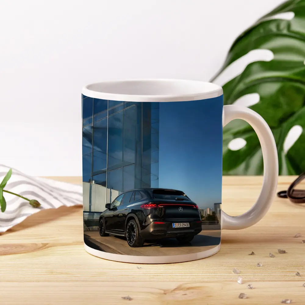 Mercedes EQE SUV Black Glass Building Background – Mugs