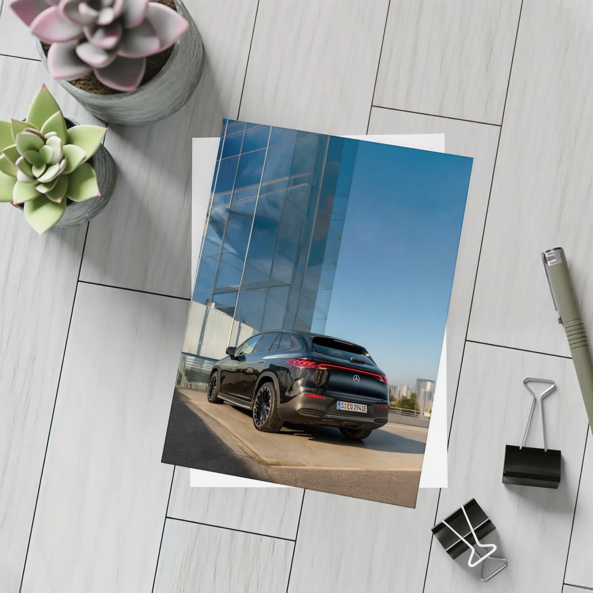 Mercedes EQE SUV Black Glass Building Background – Postcards