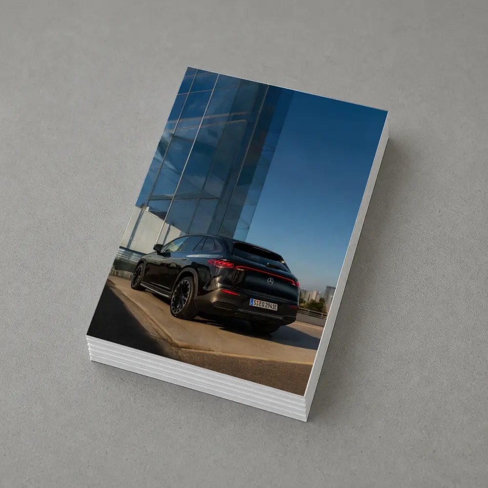 Mercedes EQE SUV Black Glass Building Background – Postcards