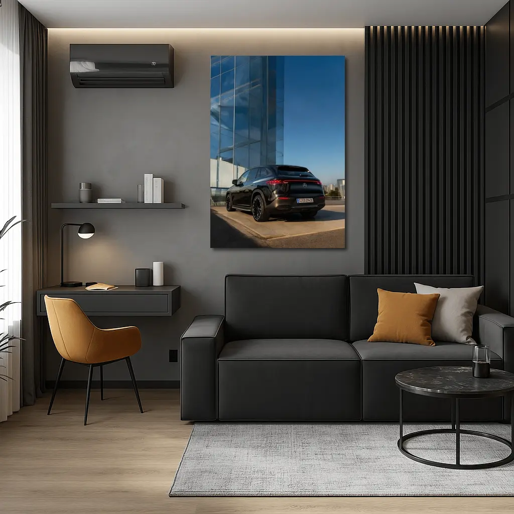 Mercedes EQE SUV Black Glass Building Background – Wall Art
