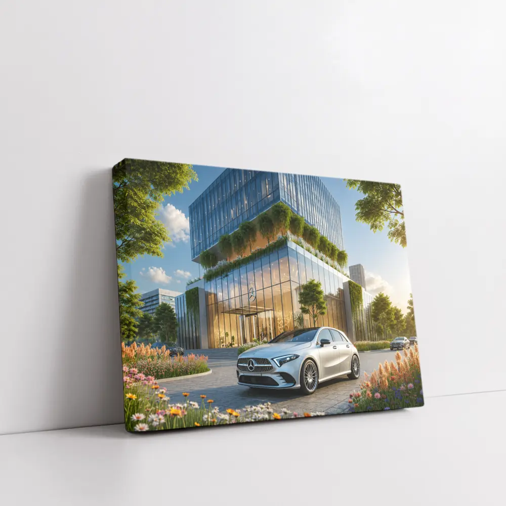 Mercedes A Class Outside Modern Glass Building – Wall Art