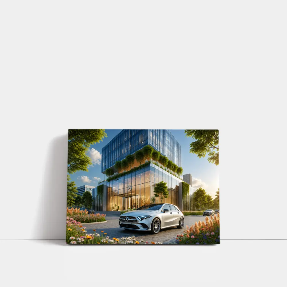 Mercedes A Class Outside Modern Glass Building – Wall Art