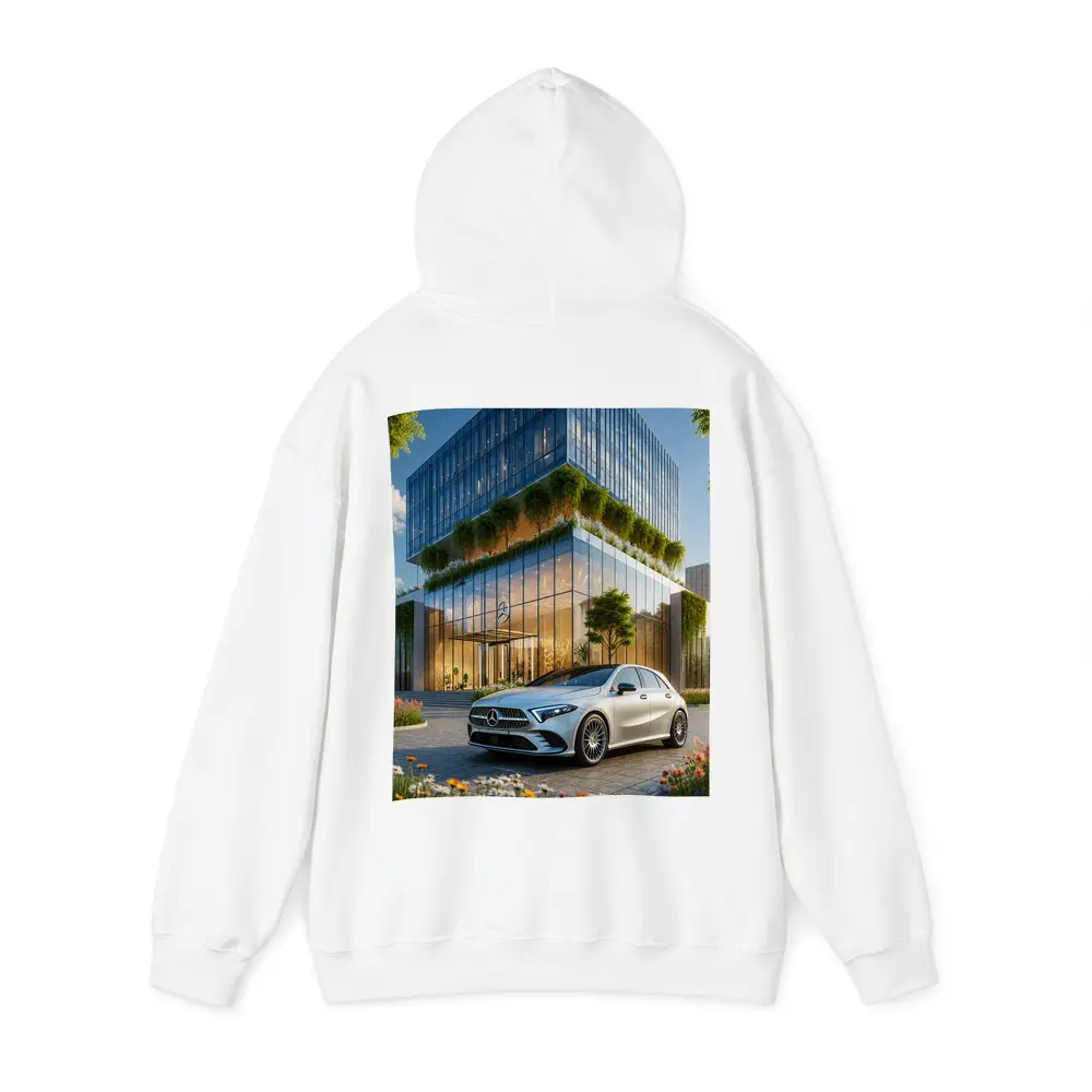 Mercedes A Class Outside Modern Glass Building – Hoodies