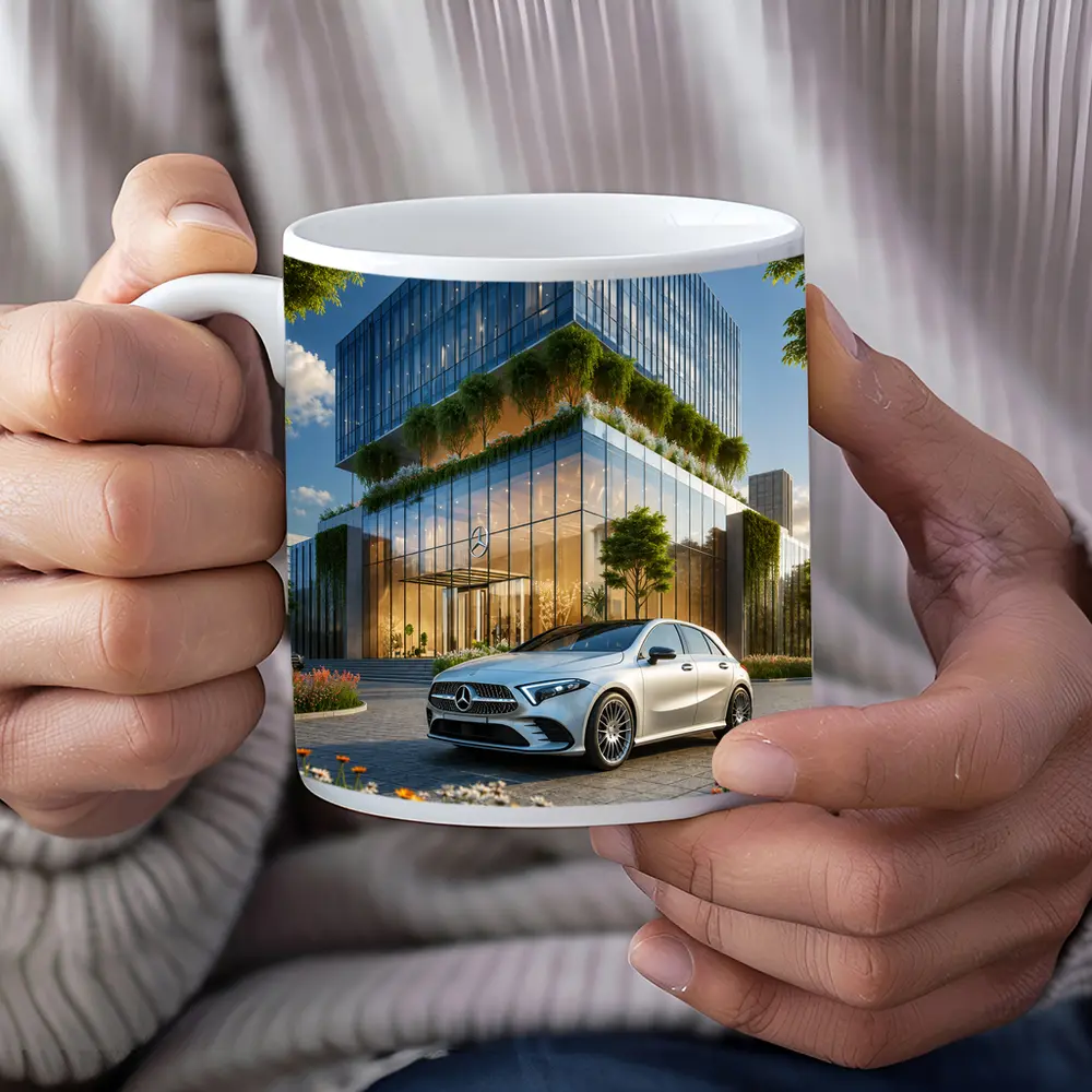 Mercedes A Class Outside Modern Glass Building – Mugs