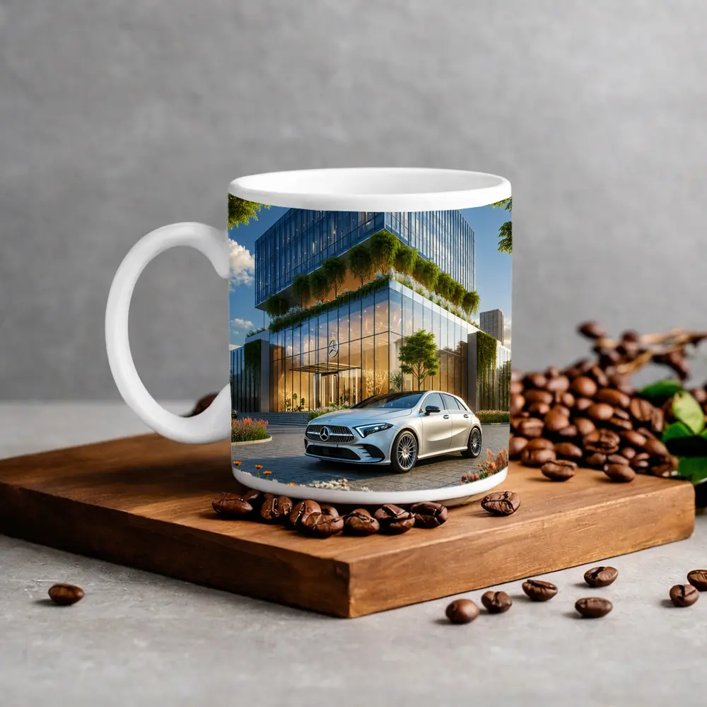 Mercedes A Class Outside Modern Glass Building – Mugs