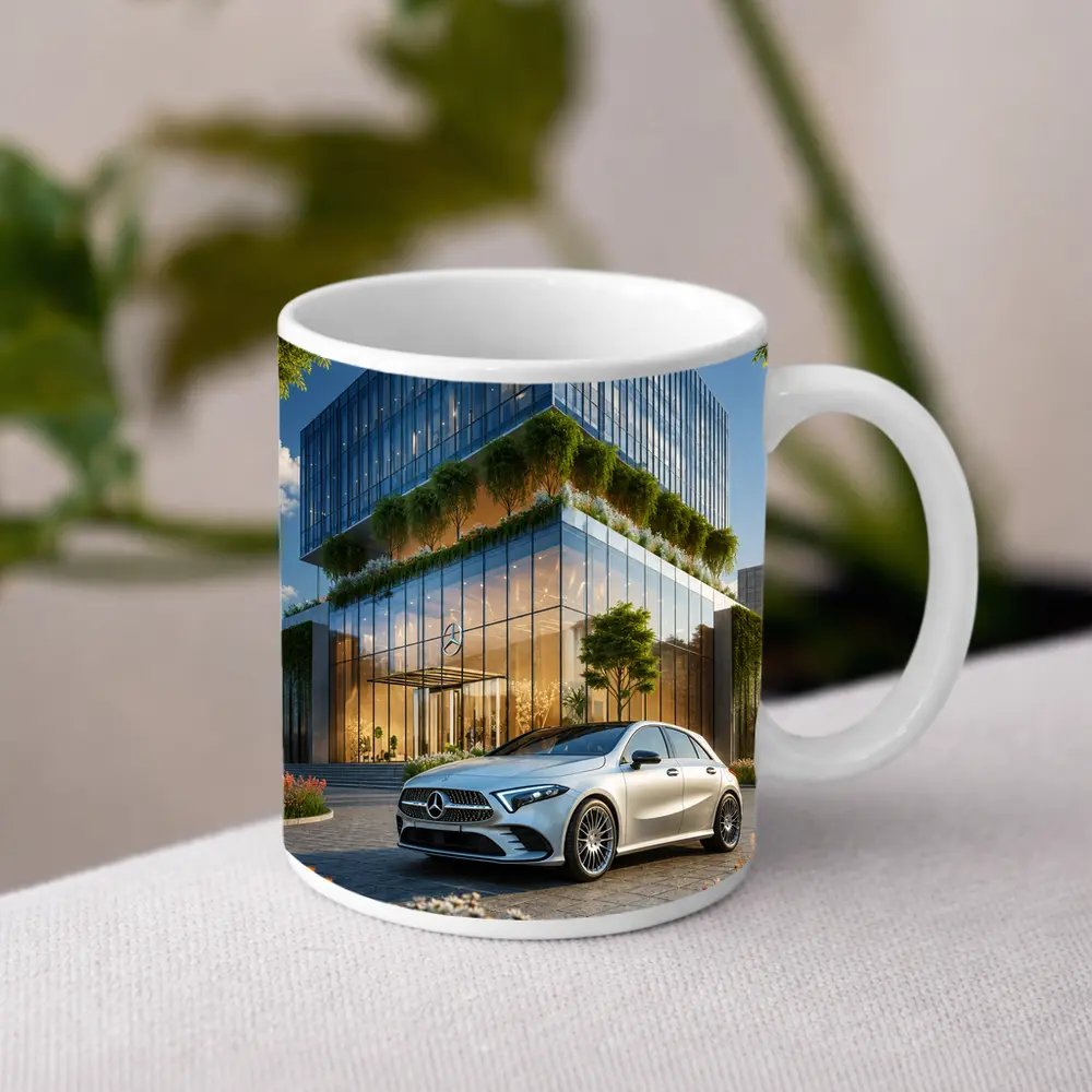 Mercedes A Class Outside Modern Glass Building – Mugs