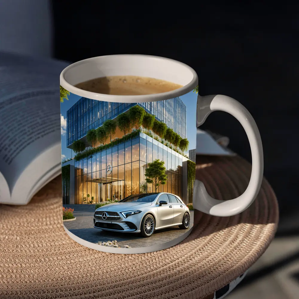 Mercedes A Class Outside Modern Glass Building – Mugs