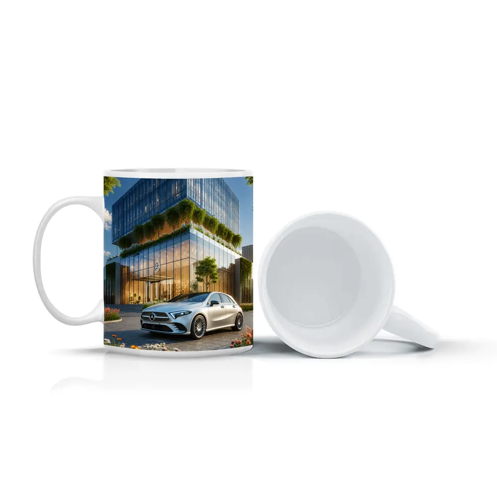 Mercedes A Class Outside Modern Glass Building – Mugs