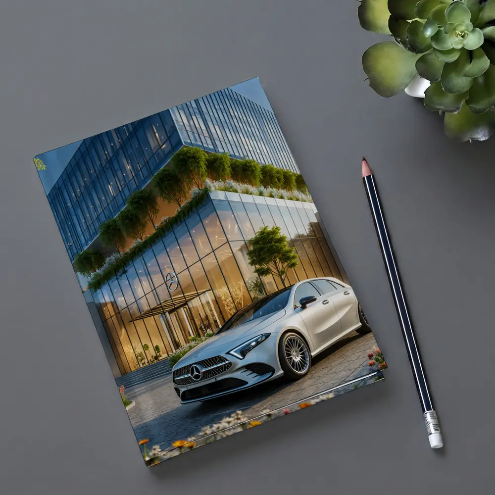 Mercedes A Class Outside Modern Glass Building – Notebooks