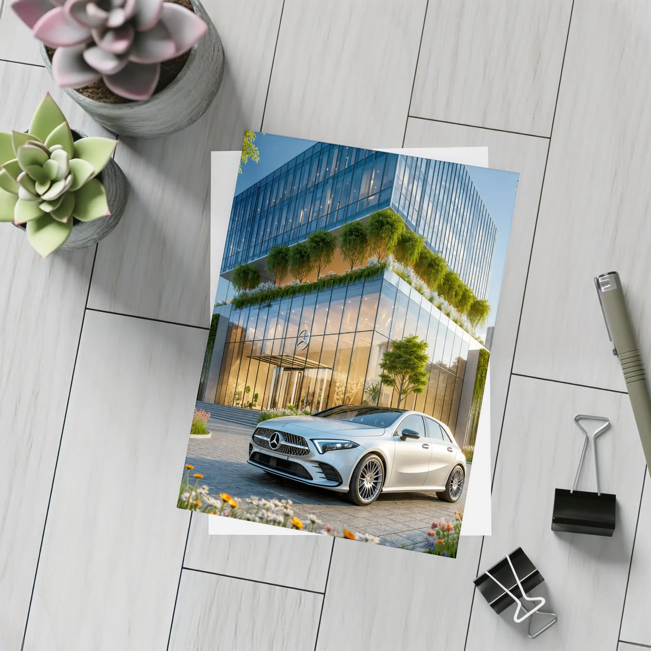 Mercedes A Class Outside Modern Glass Building – Postcards