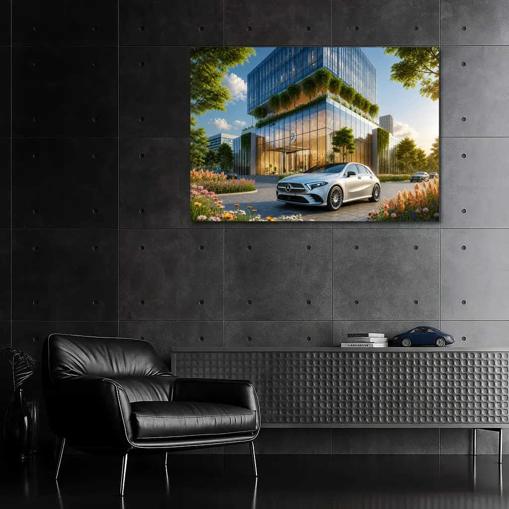 Mercedes A Class Outside Modern Glass Building – Wall Art
