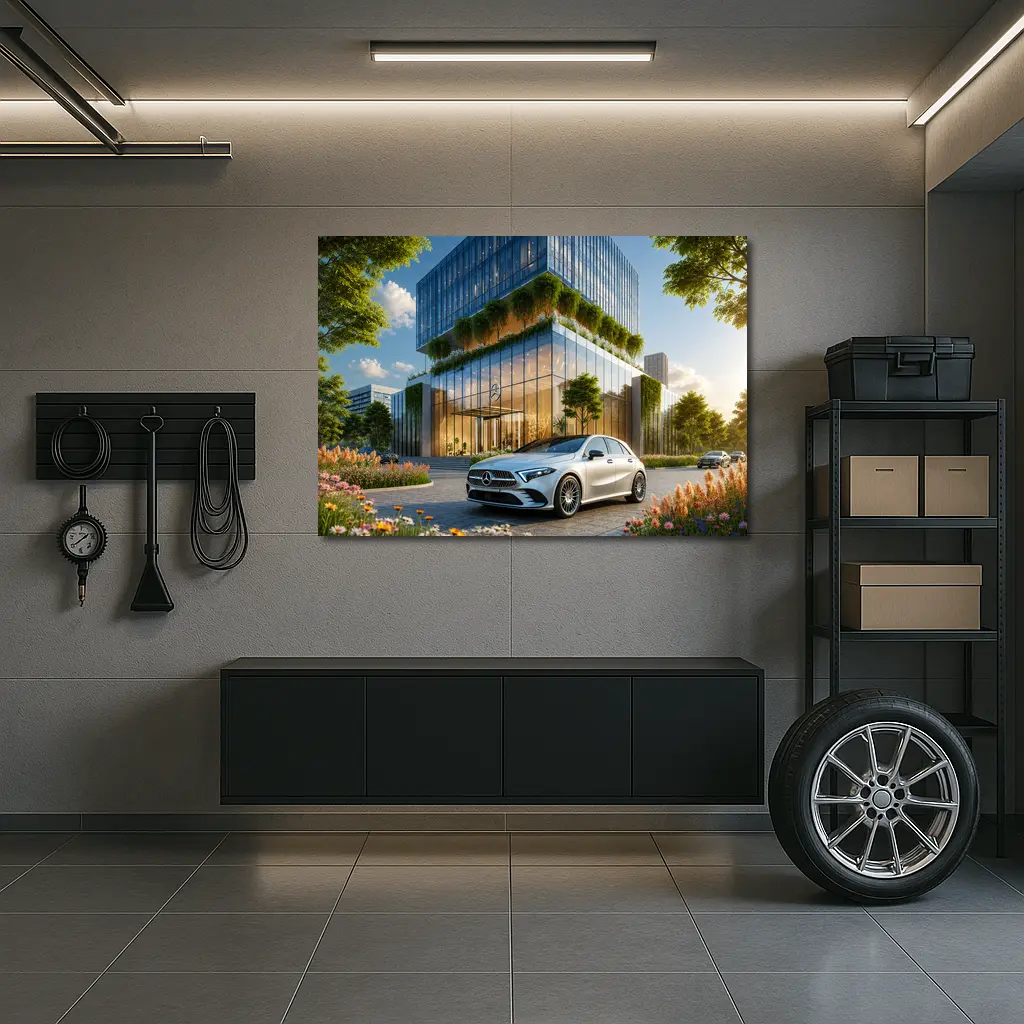 Mercedes A Class Outside Modern Glass Building – Wall Art