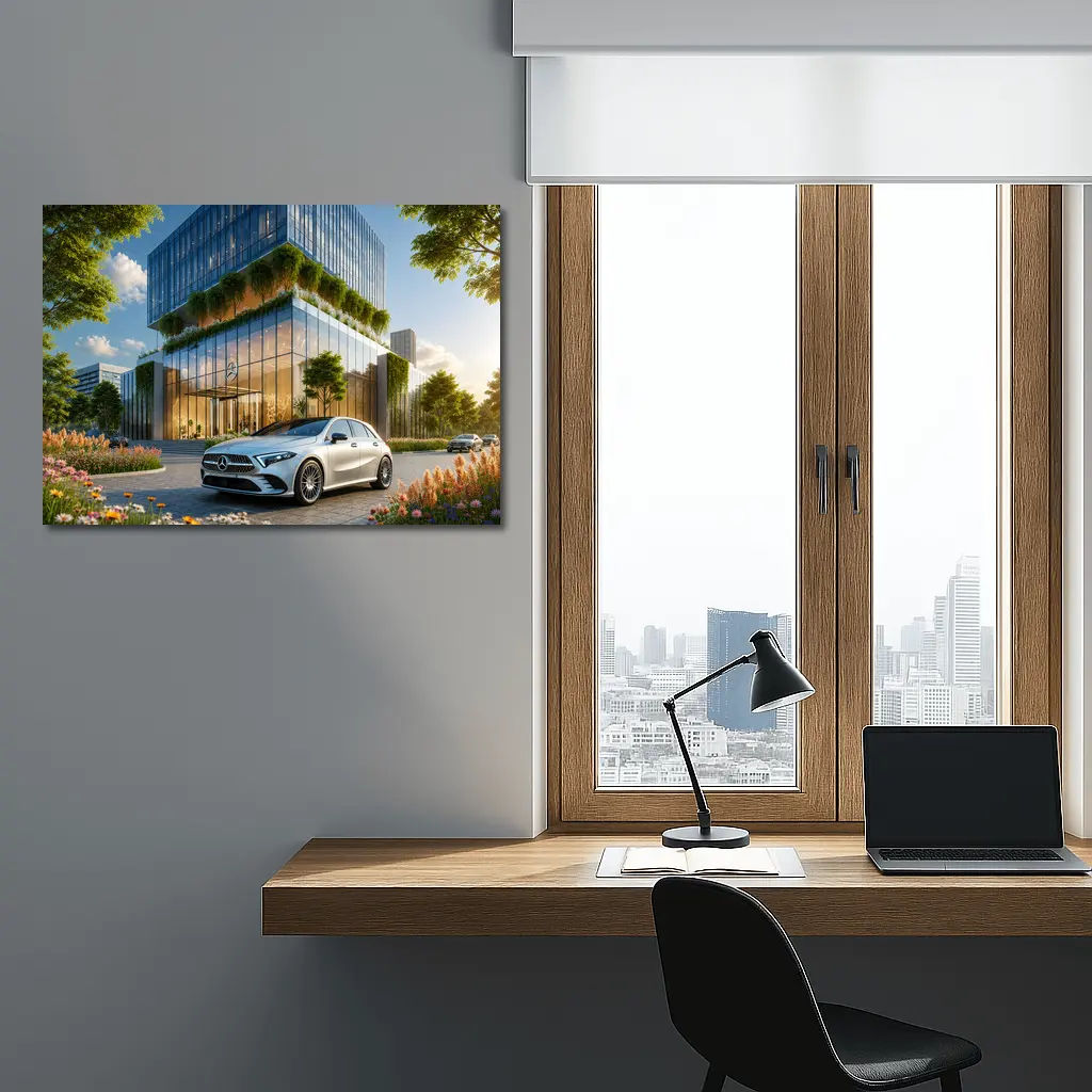 Mercedes A Class Outside Modern Glass Building – Wall Art