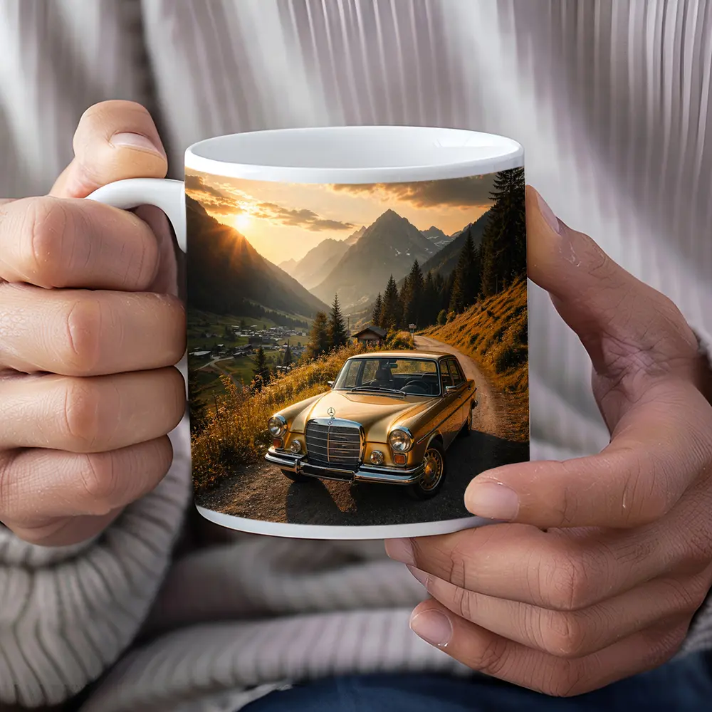 Mercedes Classic Coupe Mountain Sunset Road – Mugs