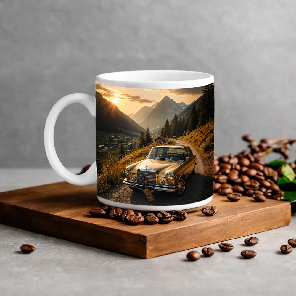 Mercedes Classic Coupe Mountain Sunset Road – Mugs
