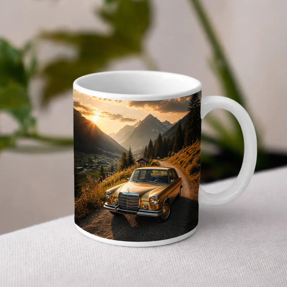 Mercedes Classic Coupe Mountain Sunset Road – Mugs