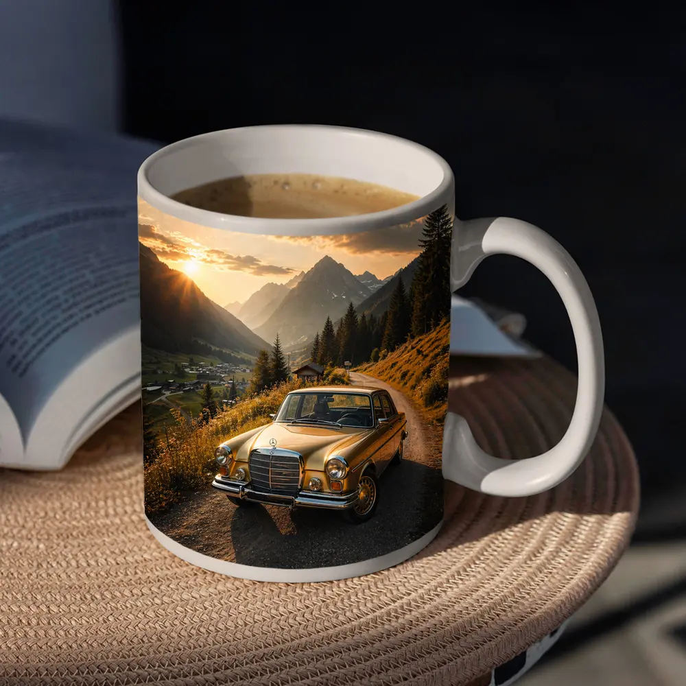 Mercedes Classic Coupe Mountain Sunset Road – Mugs