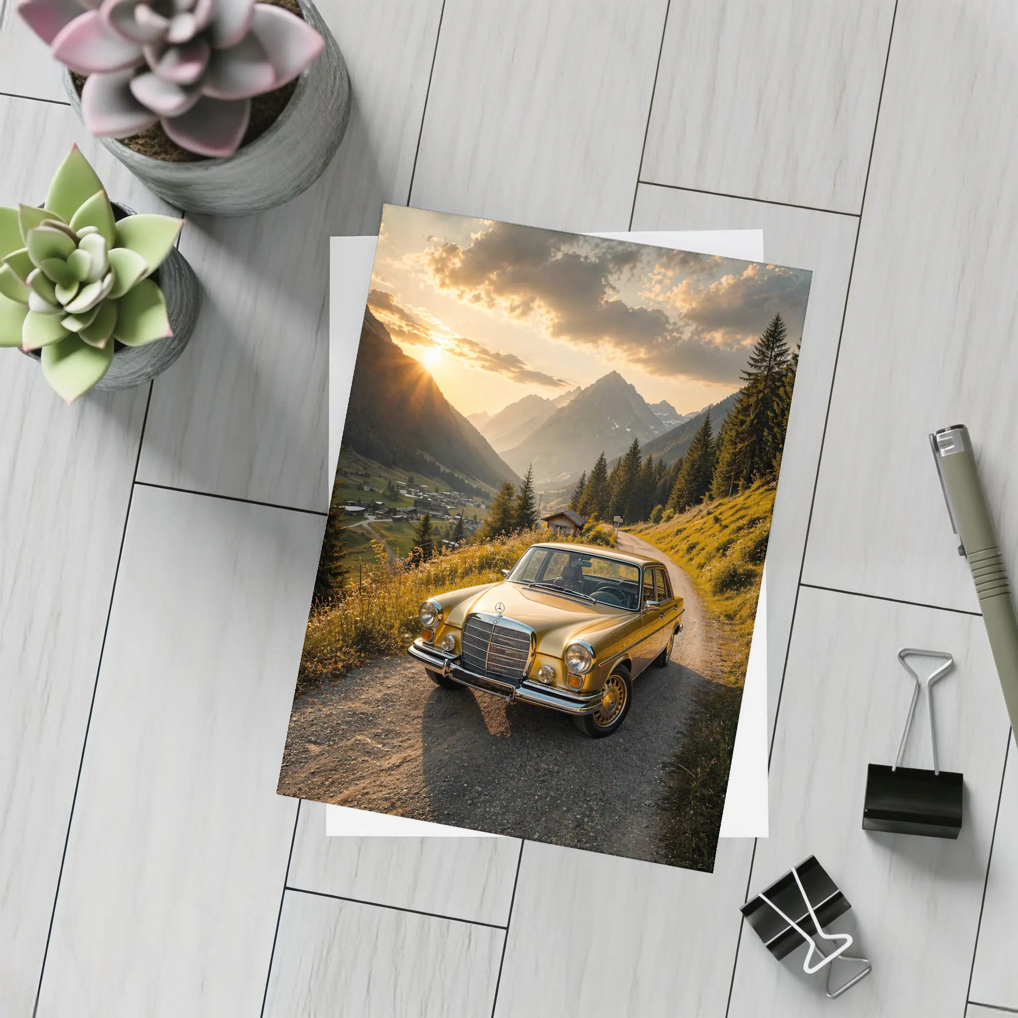 Mercedes Classic Coupe Mountain Sunset Road – Postcards