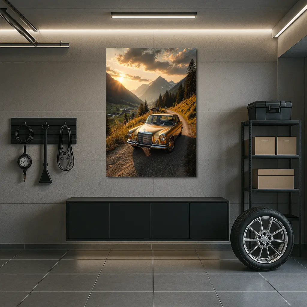 Mercedes Classic Coupe Mountain Sunset Road – Wall Art