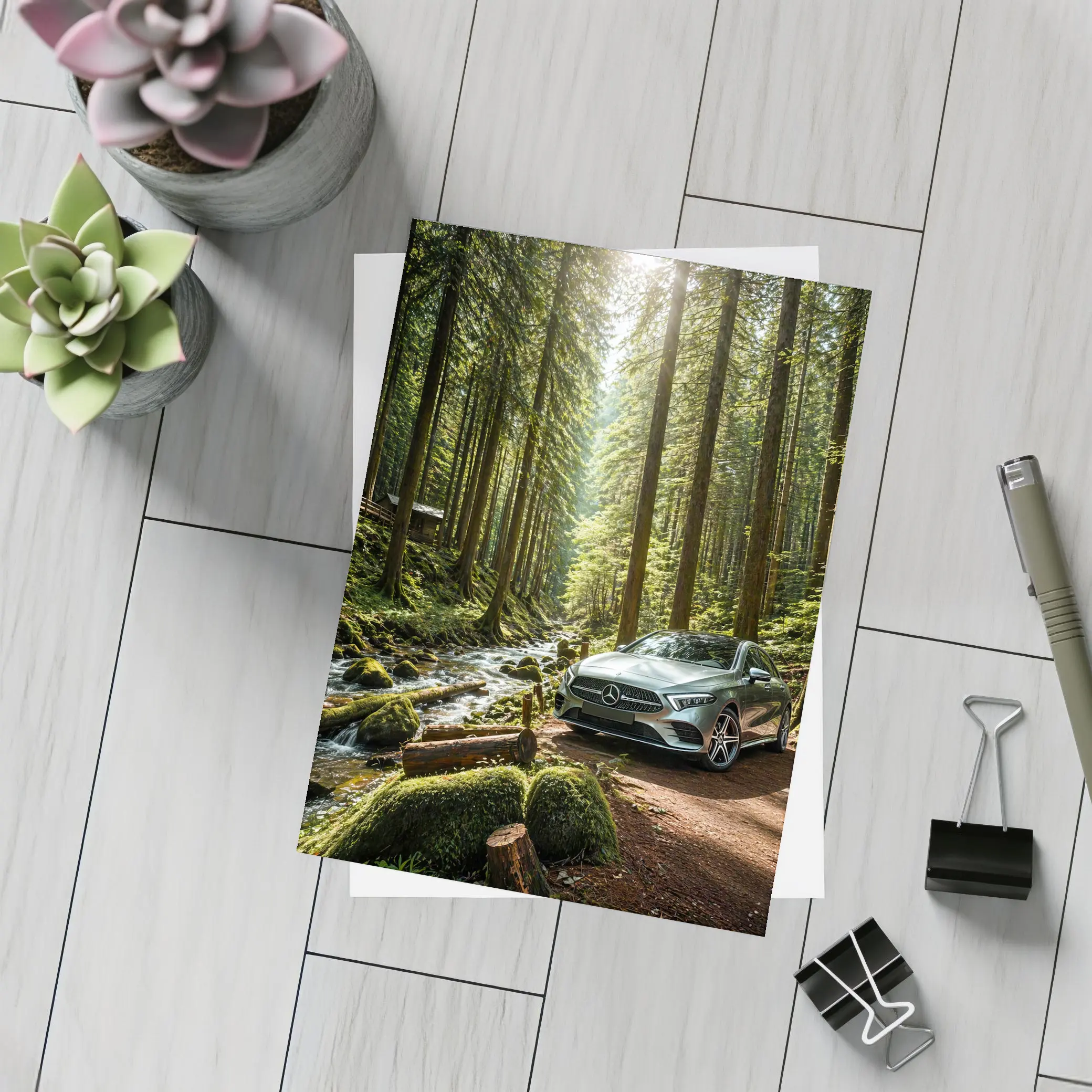 Mercedes A Class Silver Forest Stream Scene – Postcards