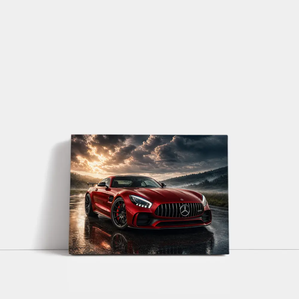 Mercedes AMG GT Red Wet Road Clouds – Wall Art