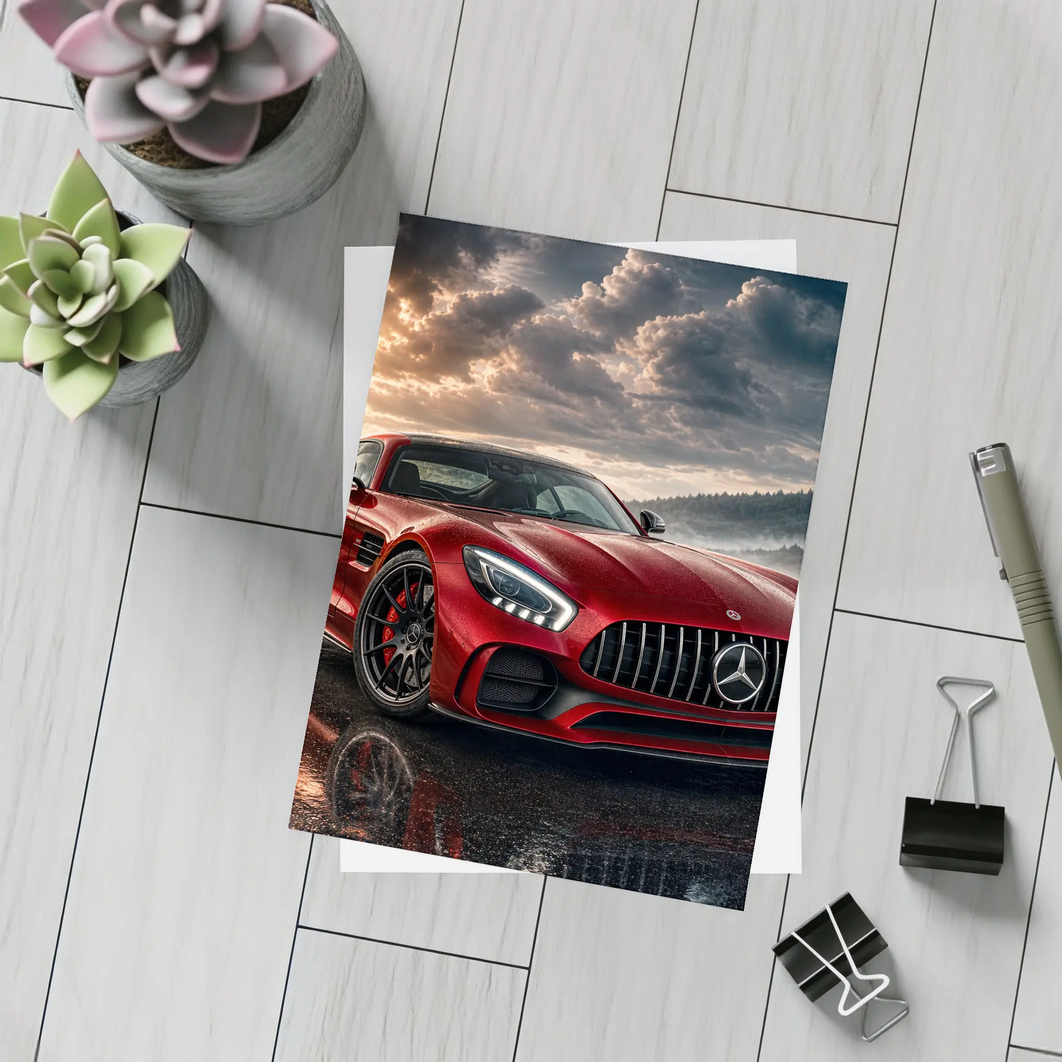 Mercedes AMG GT Red Wet Road Clouds – Postcards