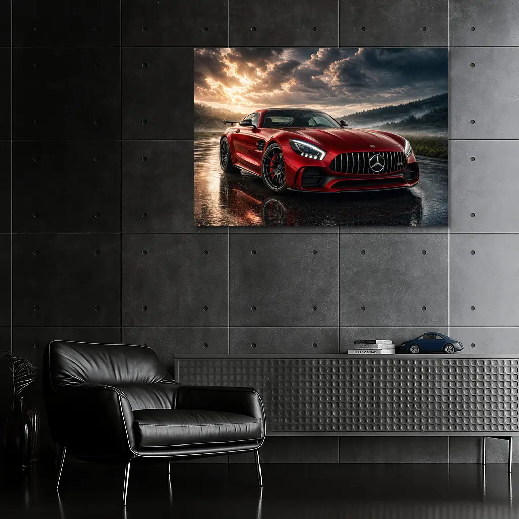 Mercedes AMG GT Red Wet Road Clouds – Wall Art