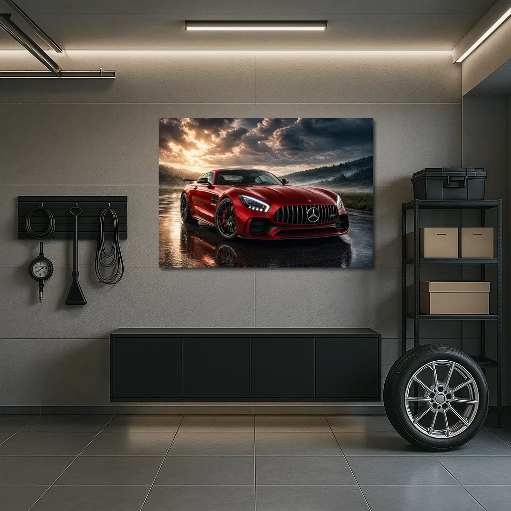 Mercedes AMG GT Red Wet Road Clouds – Wall Art