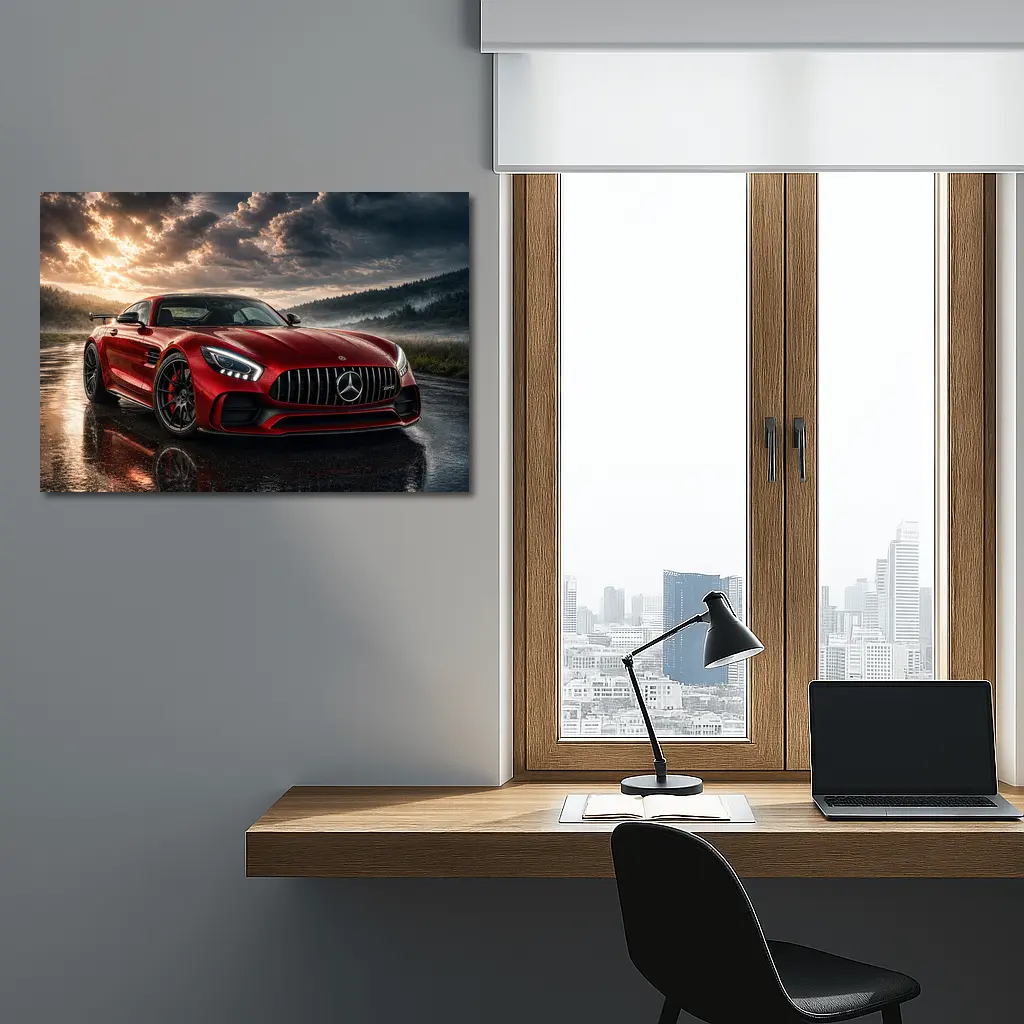 Mercedes AMG GT Red Wet Road Clouds – Wall Art