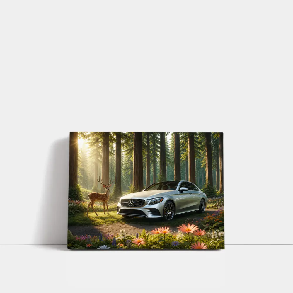 Mercedes C Class Silver Sedan Forest Deer – Wall Art