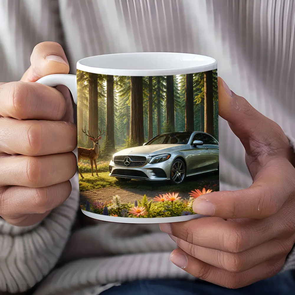 Mercedes C Class Silver Sedan Forest Deer – Mugs
