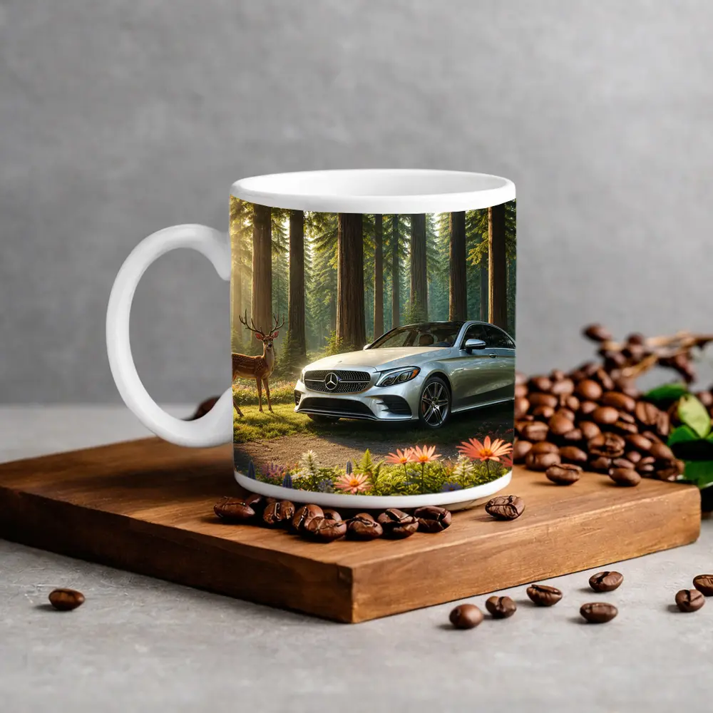 Mercedes C Class Silver Sedan Forest Deer – Mugs