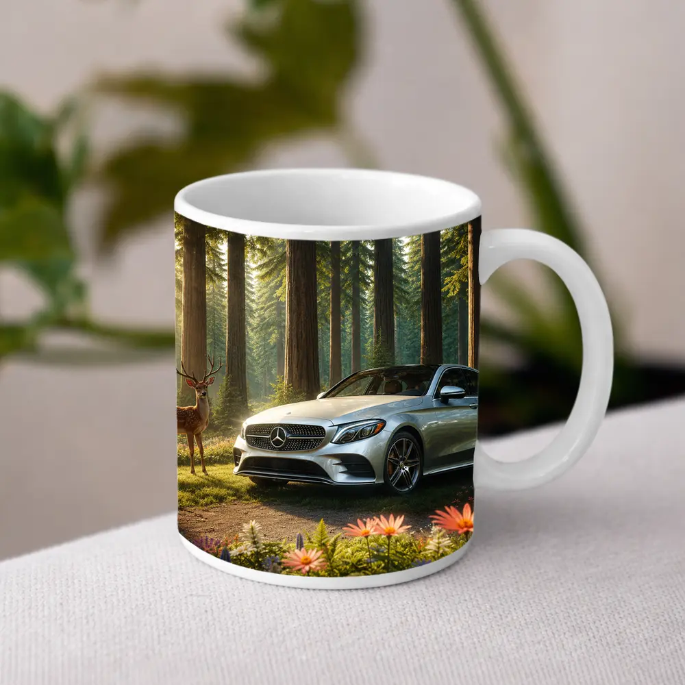 Mercedes C Class Silver Sedan Forest Deer – Mugs