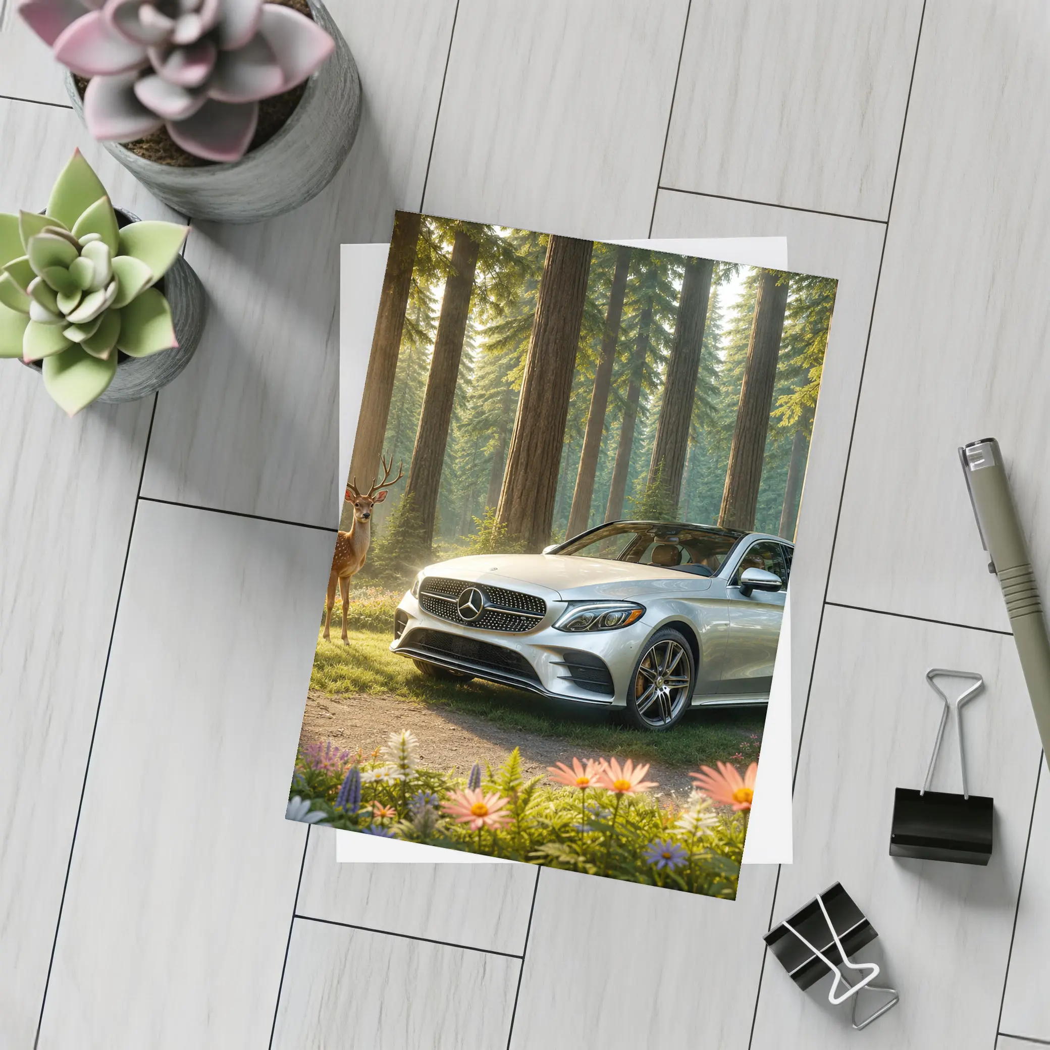 Mercedes C Class Silver Sedan Forest Deer – Postcards