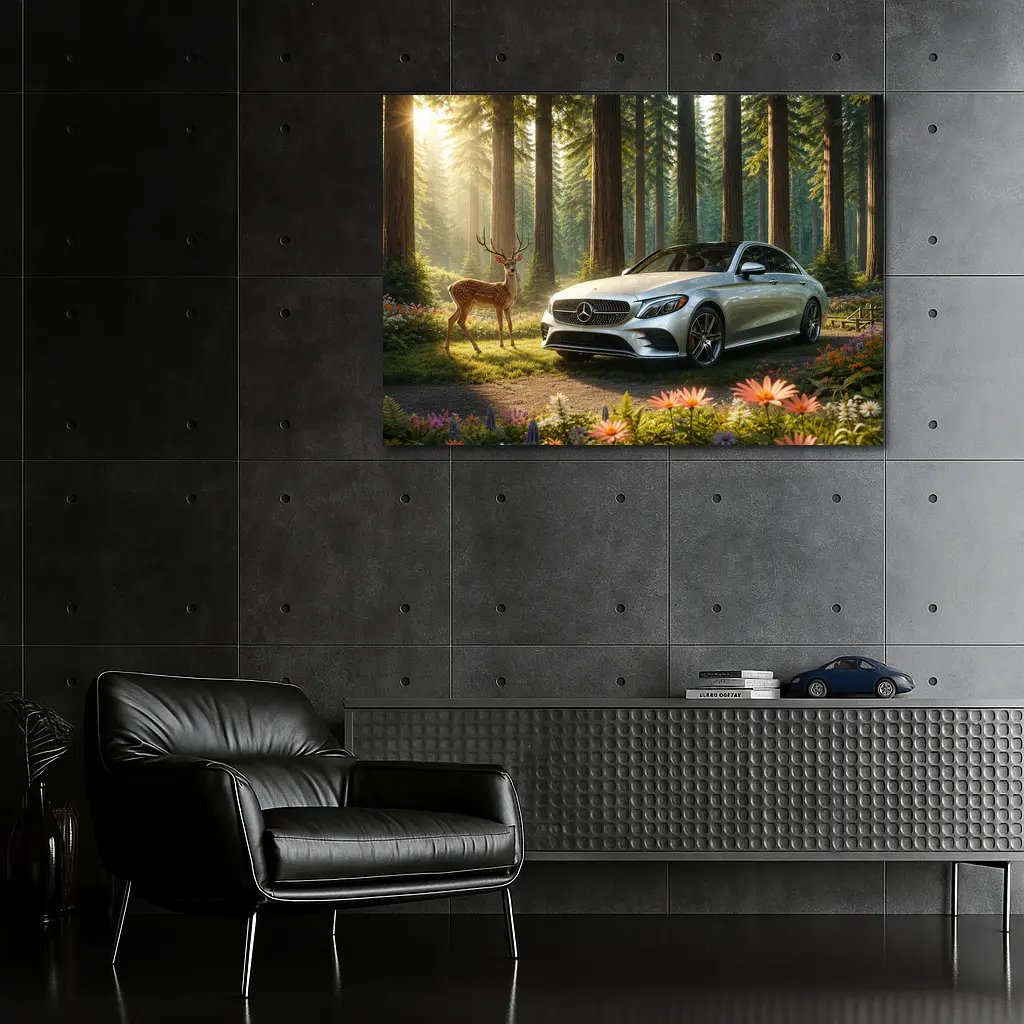 Mercedes C Class Silver Sedan Forest Deer – Wall Art