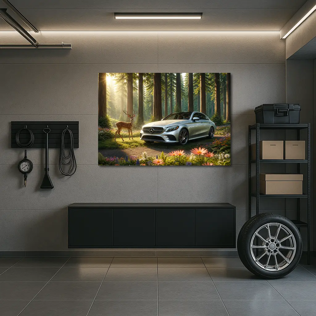 Mercedes C Class Silver Sedan Forest Deer – Wall Art