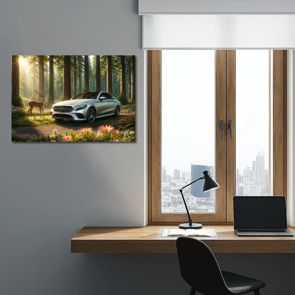 Mercedes C Class Silver Sedan Forest Deer – Wall Art