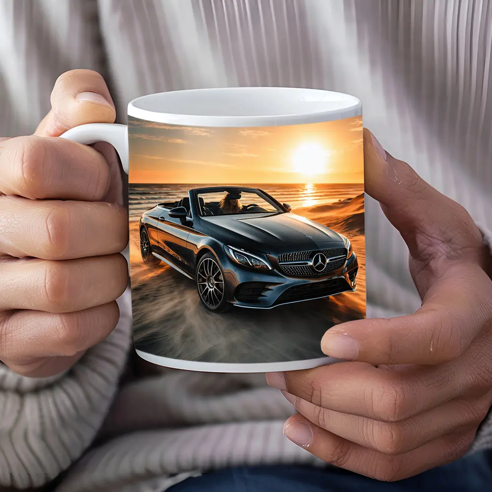 Mercedes C Class Cabriolet Sandy Beach Sunset – Mugs