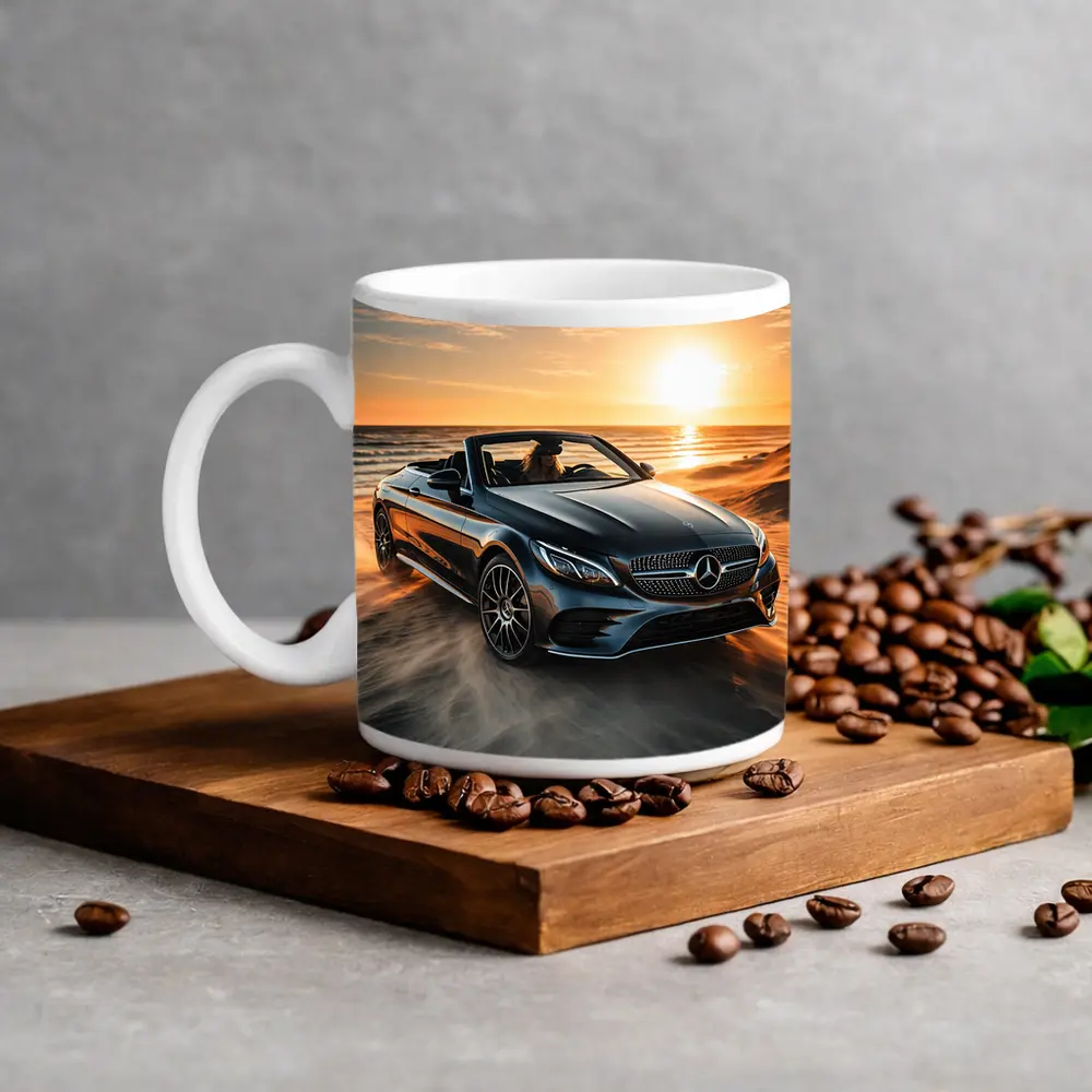 Mercedes C Class Cabriolet Sandy Beach Sunset – Mugs