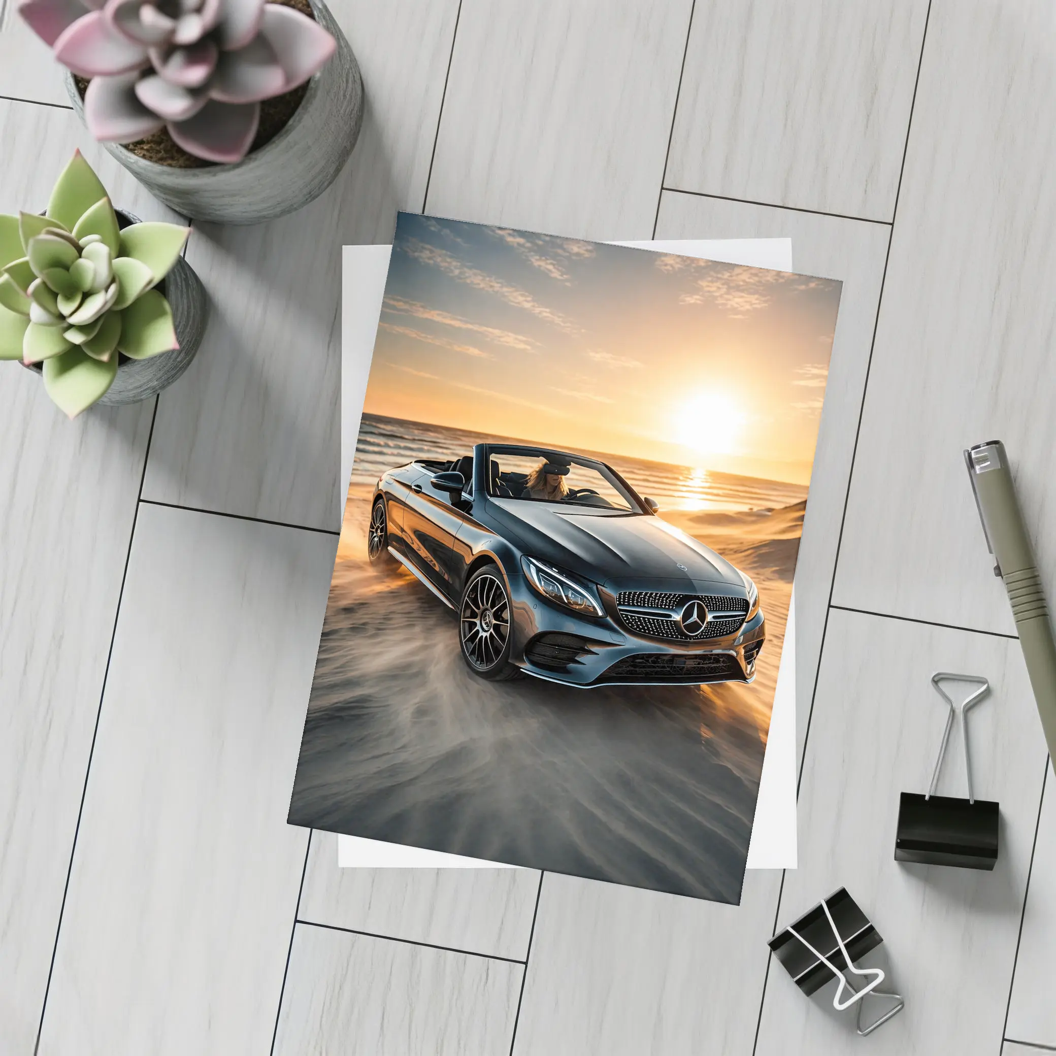 Mercedes C Class Cabriolet Sandy Beach Sunset – Postcards