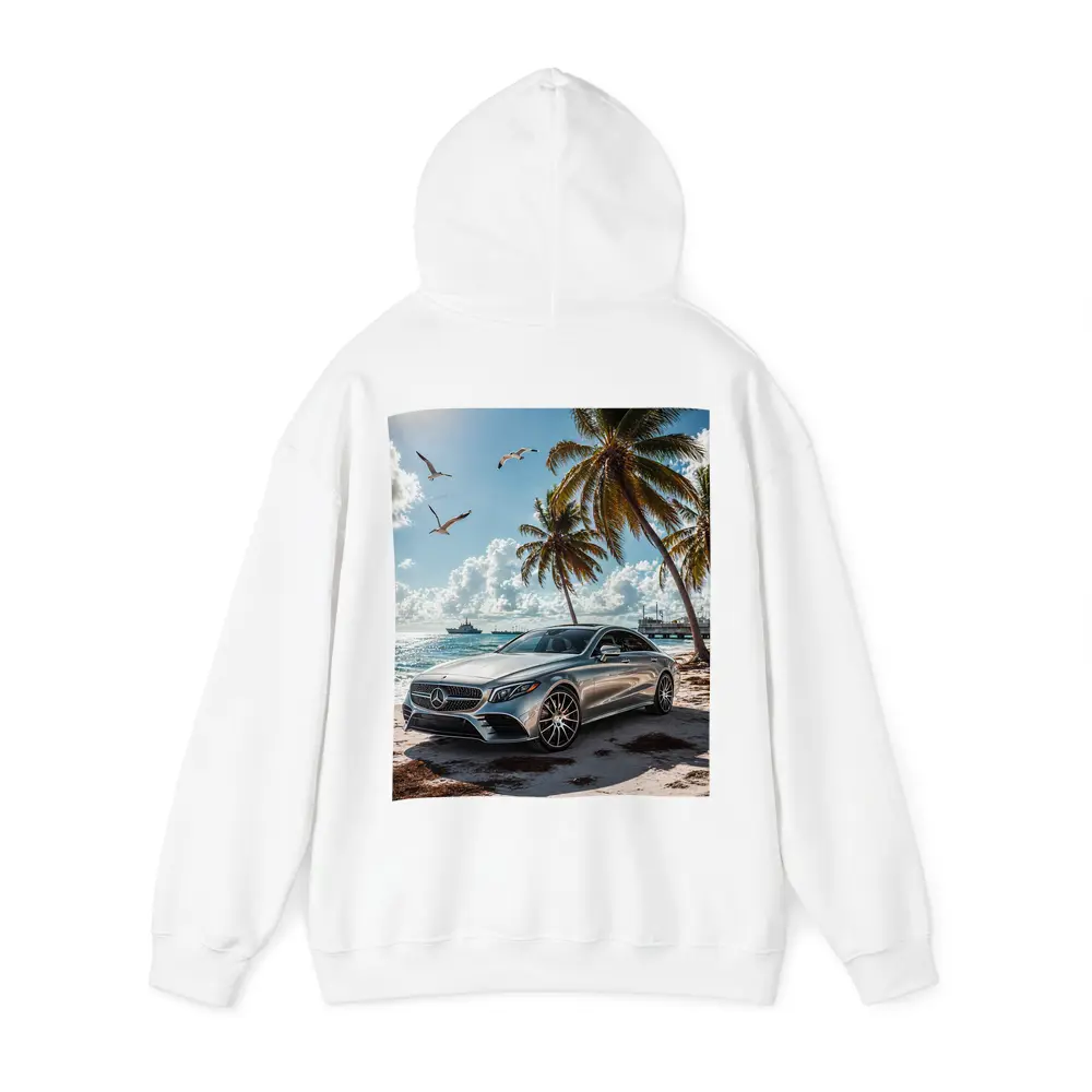 Mercedes CLS Silver Sedan Beach Palm Trees – Hoodies