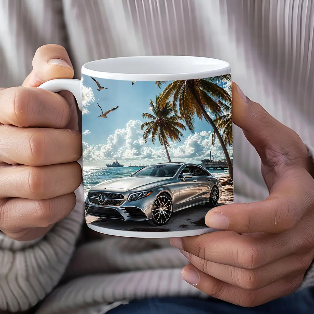 Mercedes CLS Silver Sedan Beach Palm Trees – Mugs