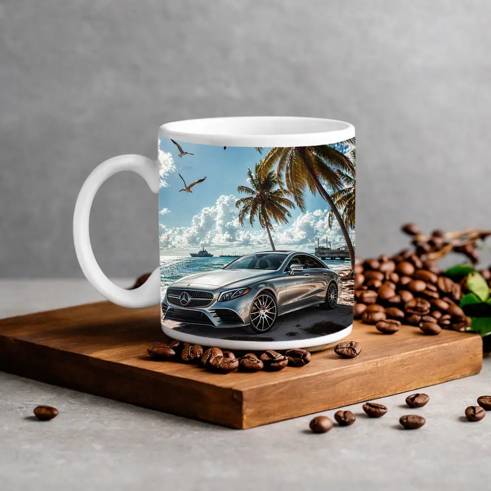 Mercedes CLS Silver Sedan Beach Palm Trees – Mugs