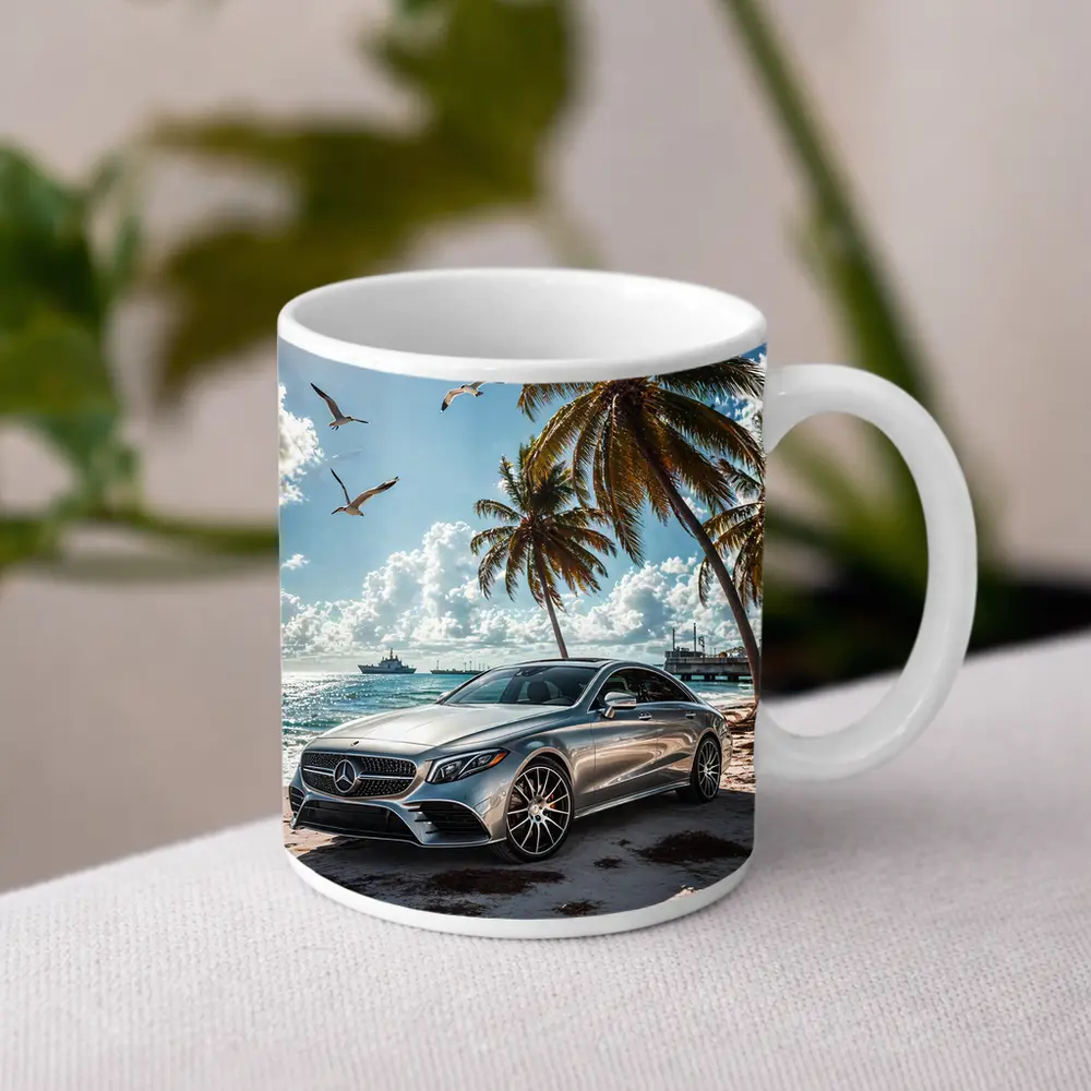 Mercedes CLS Silver Sedan Beach Palm Trees – Mugs