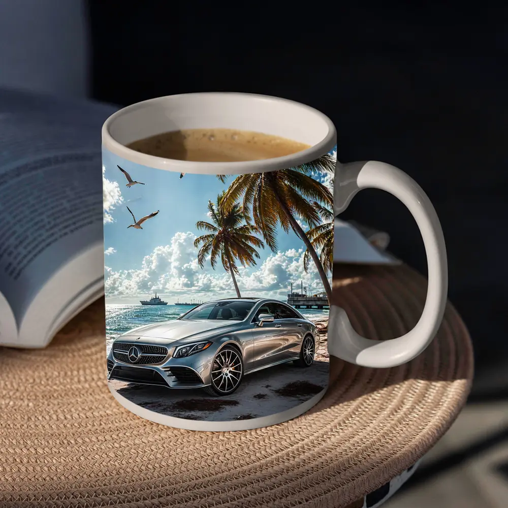 Mercedes CLS Silver Sedan Beach Palm Trees – Mugs