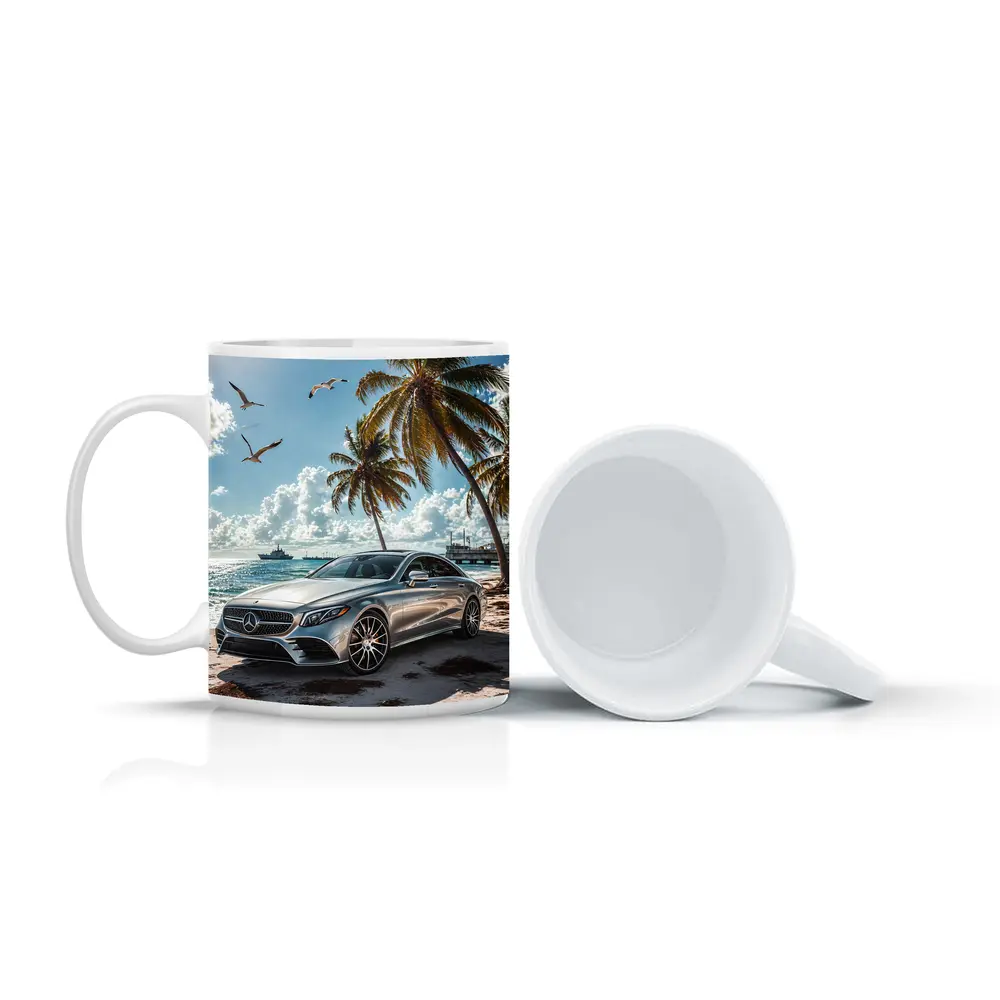 Mercedes CLS Silver Sedan Beach Palm Trees – Mugs